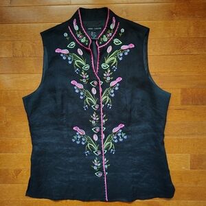 Y2K Vintage Anne Carson 100% Linen Whimsigoth Vest XL Black Floral Embroidered